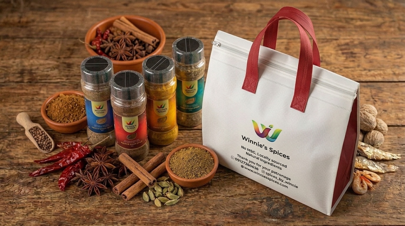 The branded Winnie's Spices gift bag beside four spice jars and bowls of whole spices